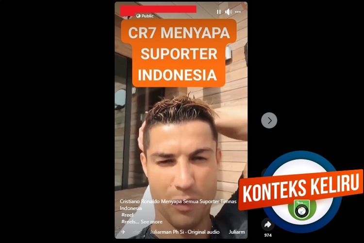 Tangkapan layar Facebook video yang diklaim menampilkan Ronaldo menyapa suporter Indonesia