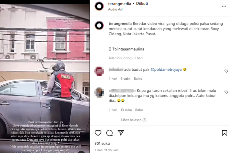 Tangkapan layar video viral bernarasi diduga polisi palsu sedang melakukan razia surat-surat kendaraan di Jakarta Pusat.
