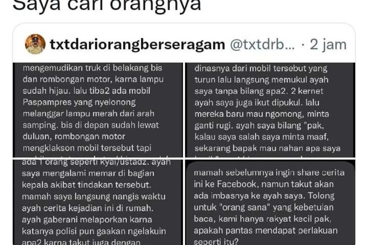 tangkap layar posting Gibran Rakabuming Raka merespon kasus pemukulan anggota Paspampres di Kota Solo, Jawa Tengah.