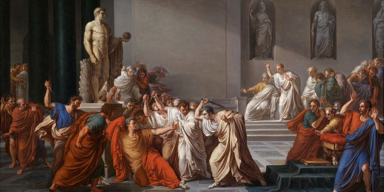 Lukisan karya Vincenzo Camuccini ini menggambarkan momen pembunuhan jenderal Romawi Kuno, Julius Caesar, pada abad 44 Sebelum Masehi. Insiden yang terjadi pada 15 Maret ini kemudian dikenal sebagai Ides of March.