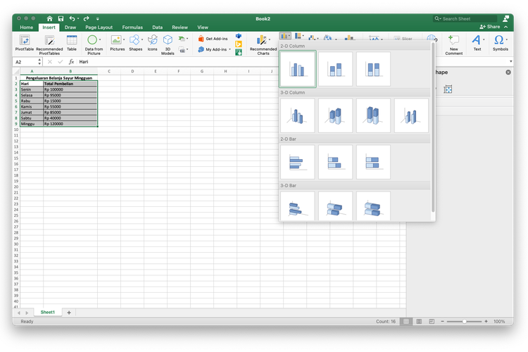 Cara membuat grafik di Microsoft Excel (KOMPAS.com/Caroline Saskia Tanoto)
