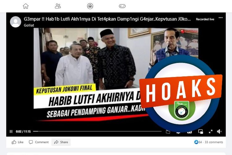 Tangkapan layar Facebook narasi yang menyebut Habib Luthfi ditetapkan menjadi cawapres Ganjar Pranowo