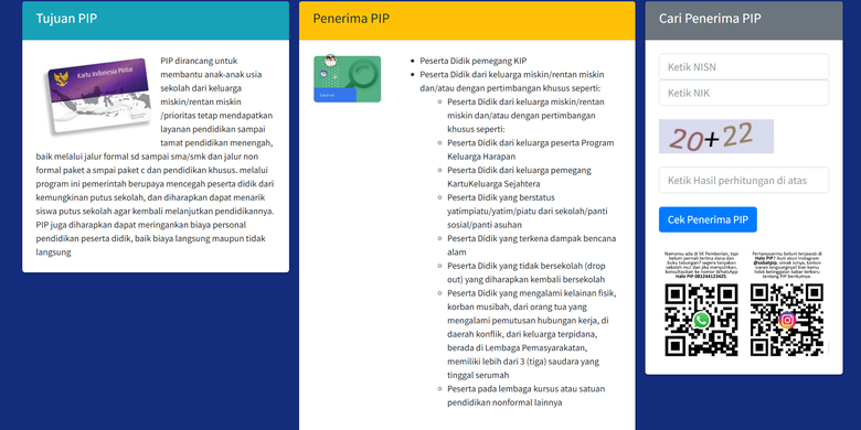 Tangkapan layar laman resmi pip.kemendikdasmen.go.id untuk cek penerima PIP 2026. Cara cek penerima PIP 2026 secara online. Kategori penerima PIP 2026. Cara cek PIP 2026.