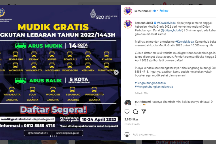 Tangkapan layar unggahan Kemenhub tentang program Mudik Gratis Angkutan Lebaran Tahun 2022/1443H