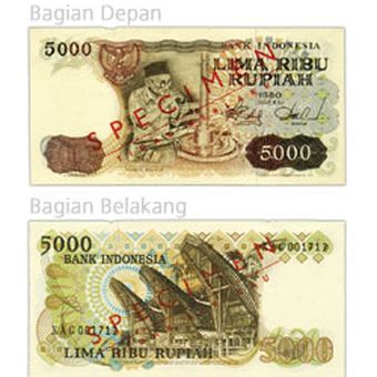 Uang kertas pecahan Rp 5.000 Emisi 1980 yang telah ditarik Bank Indonesia (BI) dari peredaran.