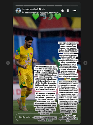 Unggahan pemain Persebaya Surabaya, Bruno Paraiba, soal perpisahannya dengan Persebaya Surabaya di akun media sosial Instagram.