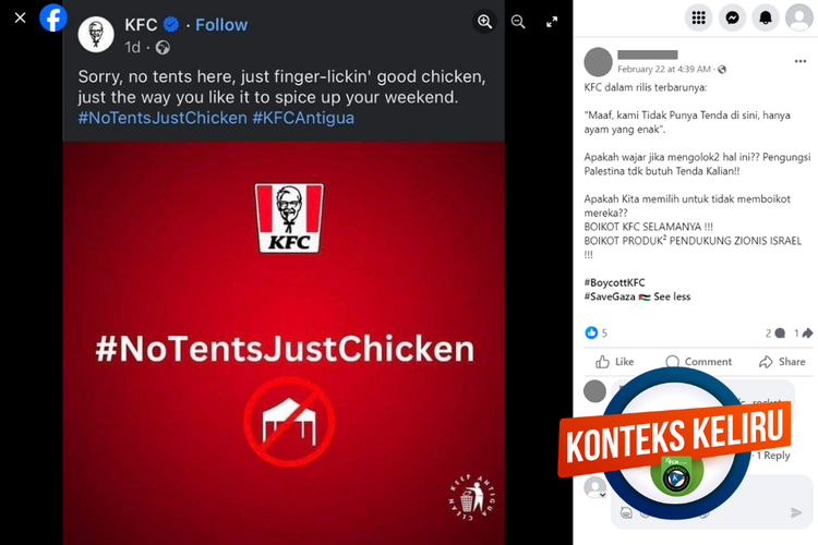 Tangkapan layar unggahan dengan konteks keliru di sebuah akun Facebook, 22 Februari 2024, soal iklan KFC yang dinilai menyinggung Palestina.