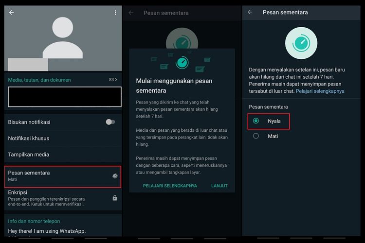 Fitur Pesan Sementara di WhatsApp, di mana pesan akan hilang otomatis setelah tujuh hari diterima atau dikirim.