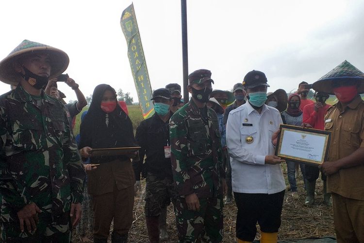 Gubernur Riau Syamsuar menyerahkan sertifikat penghargaan kepada petani, TNI dan penghulu atas keberhasilan menanam padi untuk mengatasi krisis pangan di tengah pandemi Covid-19 di Kepenghuluan Rokan Baru Pesisir, Kecamatan Pekaitan, Kabupaten Rohil, Riau, Kamis (10/9/2020).