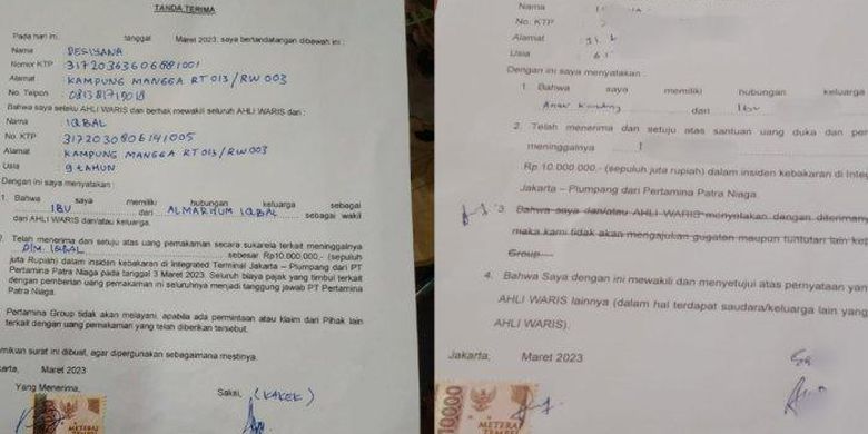 Penampakan dua versi surat diduga dari Pertamina seiring penyerahan uang Rp 10 juta kepada keluarga korban tewas Plumpang.