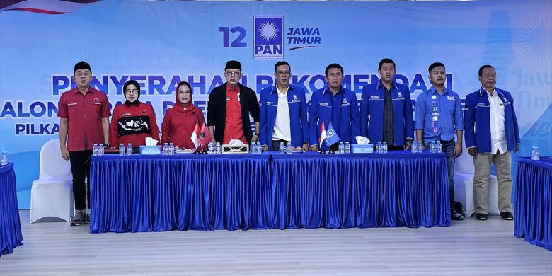 Dewan Perwakilan Daerah (DPD) Partai Demokrasi Indonesia Perjuangan (PDI-P) Jawa Timur (Jatim) dan Dewan Pimpinan Wilayah (DPW) Partai Amanat Nasional (PAN) Jatim sepakat memberikan surat penugasan kepada enam kepala daerah untuk mengikuti kontestasi Pemilihan Kepala Daerah (Pilkada) Jatim 2024.