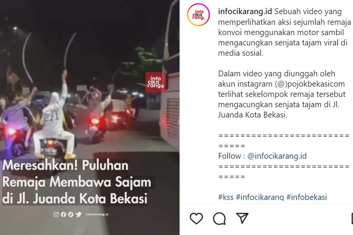 Video viral memperlihatkan belasan remaja menenteng dan mengacungkan senjata tajam saat konvoi di Jalan Juanda, Kota Bekasi.