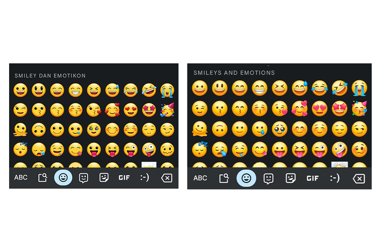 (Kiri-kanan) Tampilan emoji Samsung di papan ketik (keyboard) versi lama dan versi terbaru