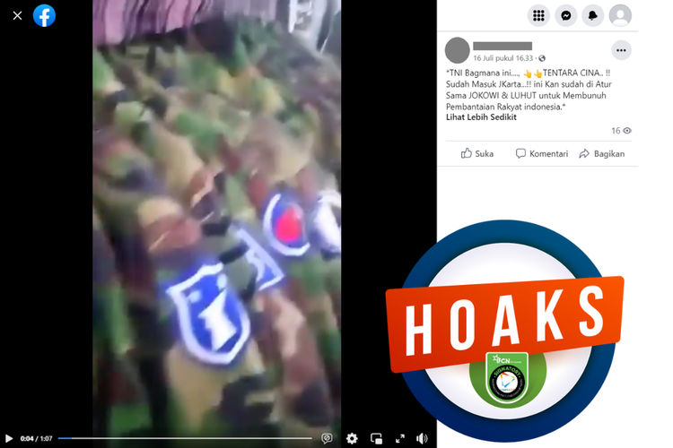 Tangkapan layar unggahan dengan narasi hoaks di sebuah akun Facebook, Minggu (16/7/2023), yang menyebut seragam tentara China dicuci di penatu Kelapa Gading.