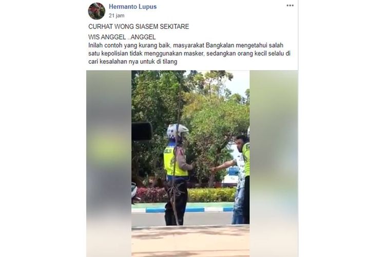 Sebuah video yang menampilkan seorang anggota polisi Lalu Lintas di Bangkalan tidak memakai masker saat menindak pengemudi mobil, viral di media sosial. 