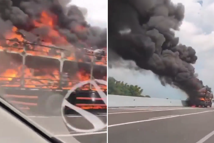 Tangkapan layar video yang menampilkan truk tronton pengangkut puluhan sepeda motor mengalami kebakaran di Jalan Tol Trans Jawa.
