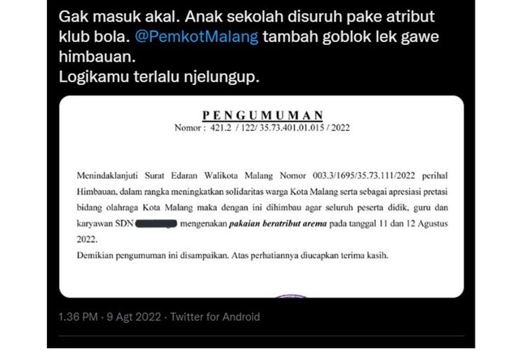 Viral unggahan berisi protes orangtua siswa karena adanya imbauan penggunaan atribut klub Arema Malang saat sekolah