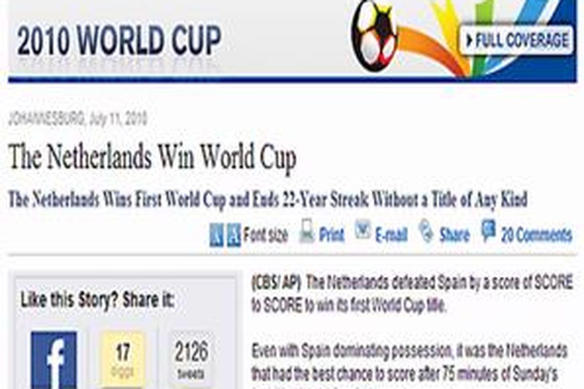 Situs CBS yang membuat berita soal kemenangan Belanda atas Spanyol di Piala Dunia 2010.