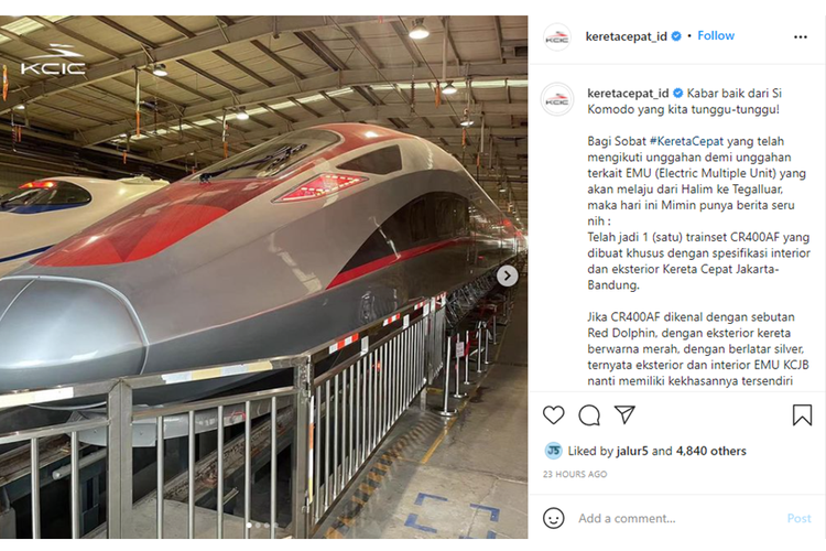 Tangkapan layar unggahan akun Instagram PT Kereta Cepat Indonesia China (KCIC).