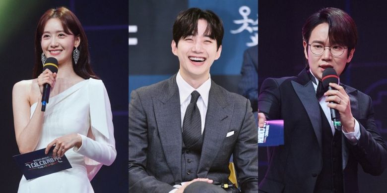 Para MC MBC Gayo Daejejeon 2021, (dari kiri) Yoona SNSD, Junho 2PM, dan Jang Sung Kyu