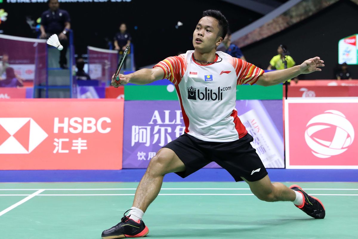 Anthony Sinisuka Ginting saat melawan Toby Penty di babak penyisihan grup Piala Sudirman, Minggu (19/5/2019).