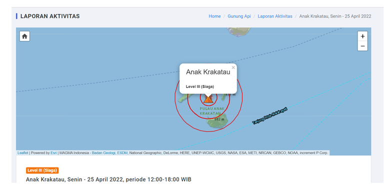 Tangkapan layar situs magma.esdm.go.id yang menampilkan informasi aktivitas Gunung Anak Krakatau yang saat ini berstatus Siaga level III.