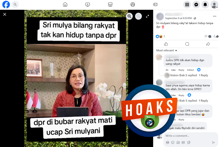 Tangkapan layar konten hoaks di sebuah akun Facebook, Senin (8/9/2025), yang mengeklaim Sri Mulyani menyebut rakyat tidak bisa hidup tanpa DPR.