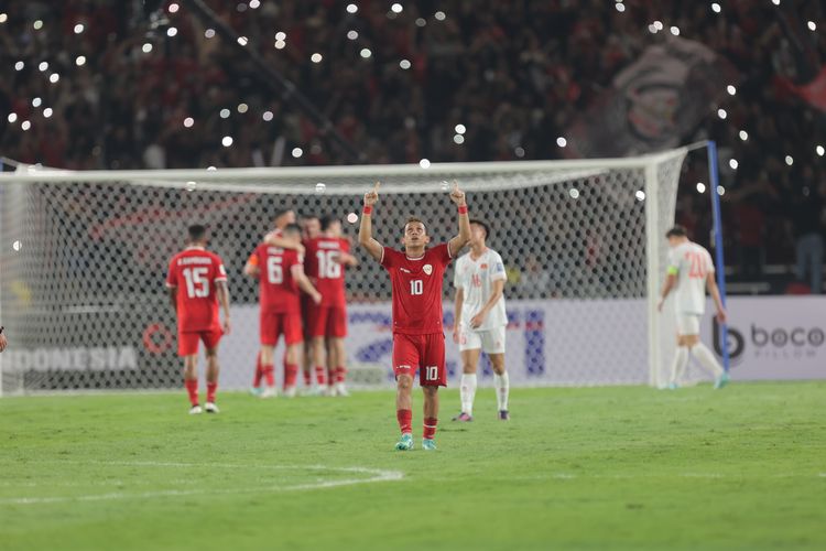 Selebrasi penyerang timnas Indonesia Egy Maulana Vikri pada laga Indonesia vs Vietnam dalam laga Kualifikasi Piala Dunia 2026 Zona Asia, Kamis (21/3/2024).