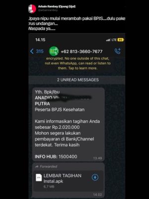 Beredar tangkapan layar diduga penipuan mengatasnamakan BPJS Kesehatan yang berisiko membobol rekening jika file APK yang dikirimkan diunduh di ponsel pintar.