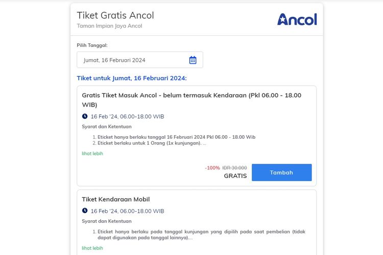 Tangkapan layar situs web Ancol. Berikut adalah langkah mendapat tiket masuk Ancol gratis pada Jumat (16/2/2024).