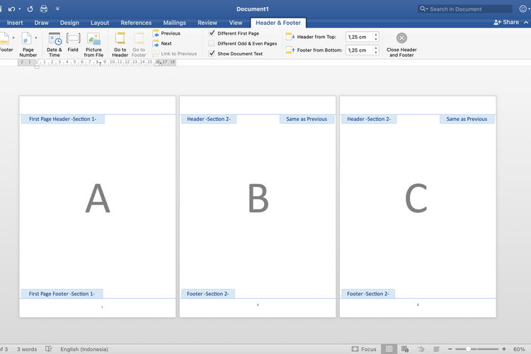 Ilustrasi cara memisahkan halaman romawi dan angka di Microsoft Word.