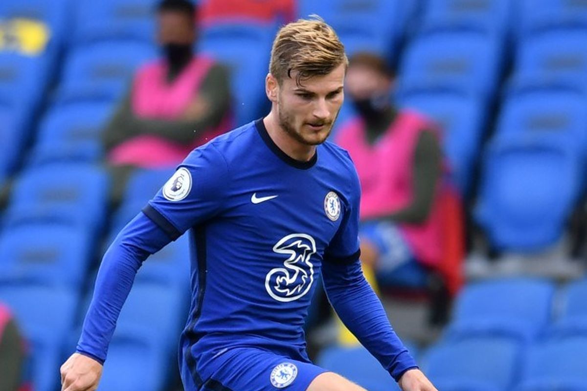 Rekrutan anyar Chelsea, Timo Werner, saat tampil pada laga pra-musim kontra Brighton and Hove Albion di Stadion Amex, 29 Agustus 2020.