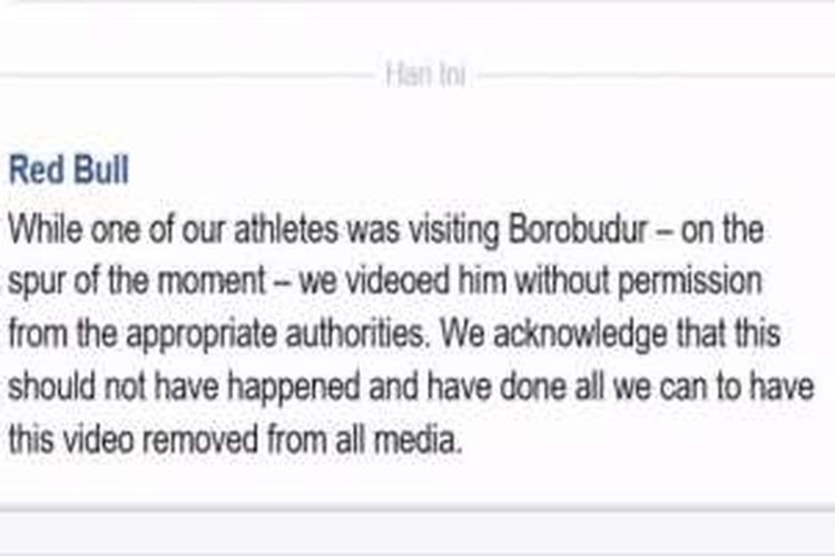 Klarifikasi Red Bull melalui pesan Facebook kepada Balai Konservasi Borobudur, Senin (21/3/2016).