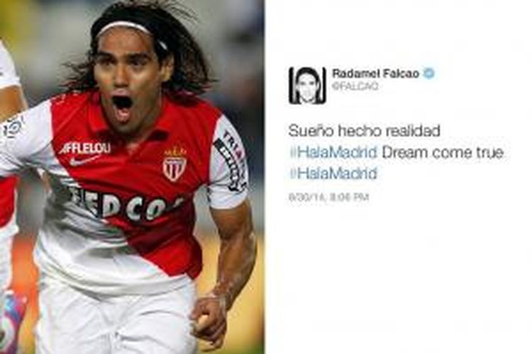 Screenshot akun Twitter penyerang AS Monaco, Radamel Falcao, yang menguatkan dugaan ia akan pindah ke Real Madrid, pada bursa transfer musim panas ini.