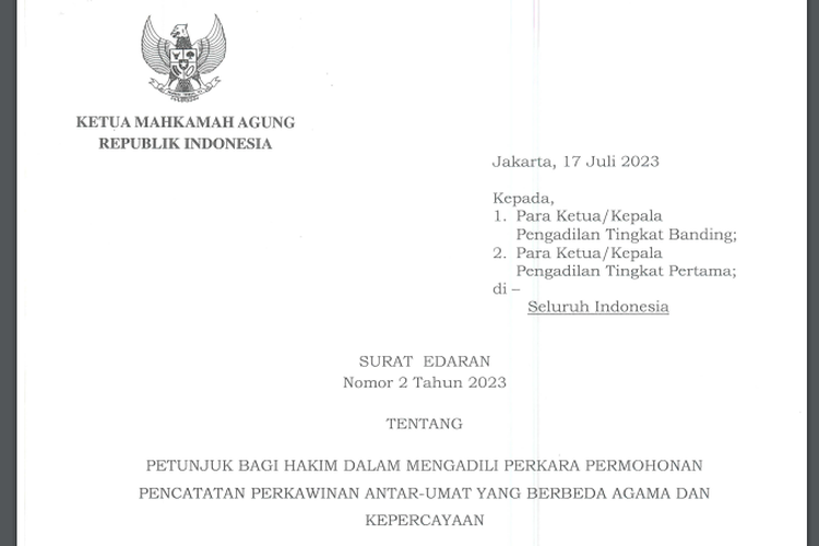 MA terbitkan Surat Edaran Nomor 2 Tahun 2023 yang melarang pengadilan mengabulkan pernikahan beda agama