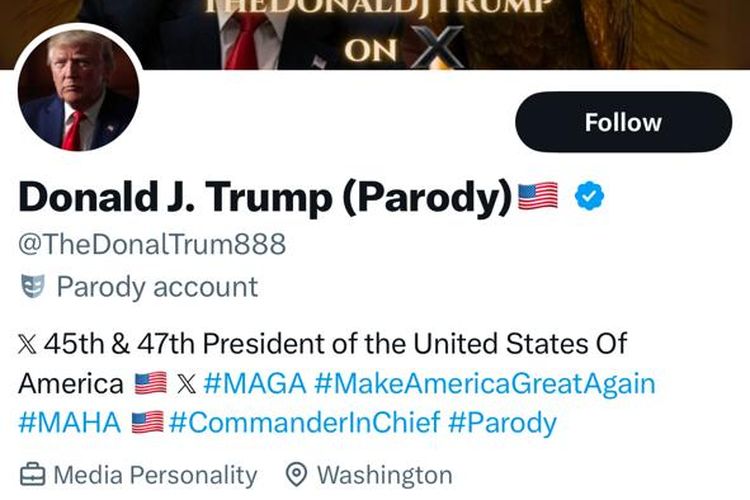 Contoh akun berlabel parodi di X yang memiliki handle @TheDonalTrum888. Akun ini bukan akun asli Donald Trump, melainkan akun parodi.