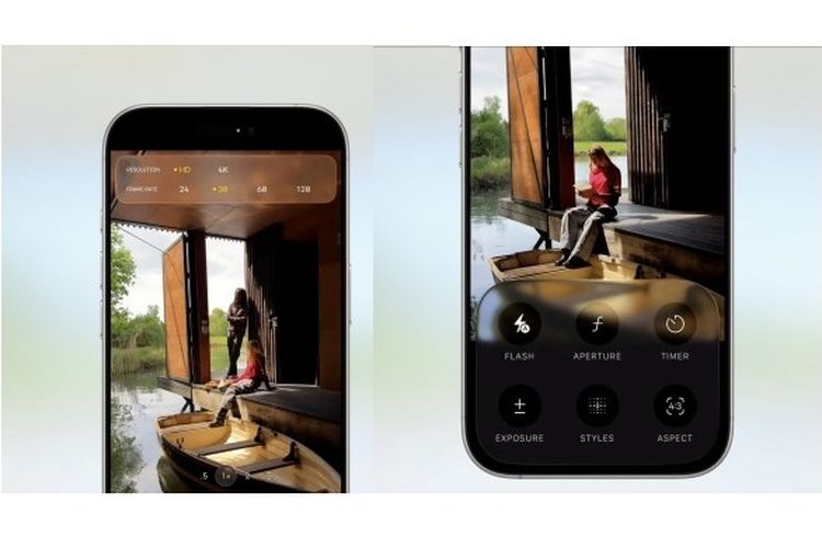 Tampilan aplikasi Kamera yang didesain ulang dengan bahasa desain Liquid Glass. Antarmuka penggunanya berbentuk bulat, dan sapuan akan menampilkan semua pengaturan. Semua opsi kualitas foto dan video kini tersedia di satu tempat.