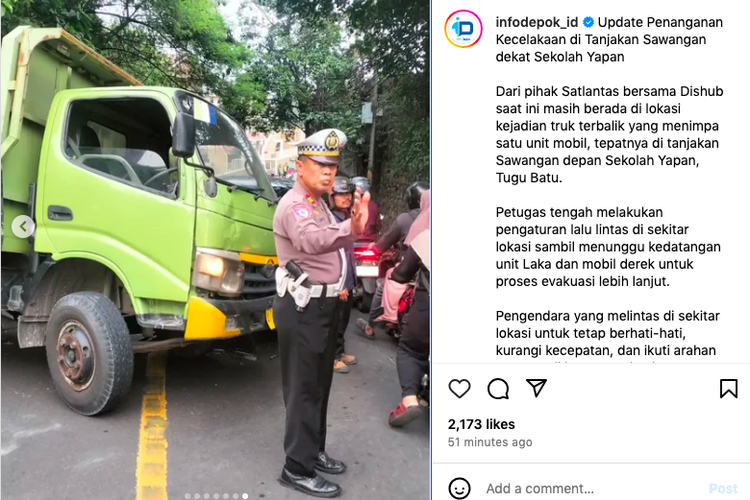 Truk gagal menanjak di Tanjakan Yapan di Tugu Batu, Sawangan, Depok, Jawa Barat.