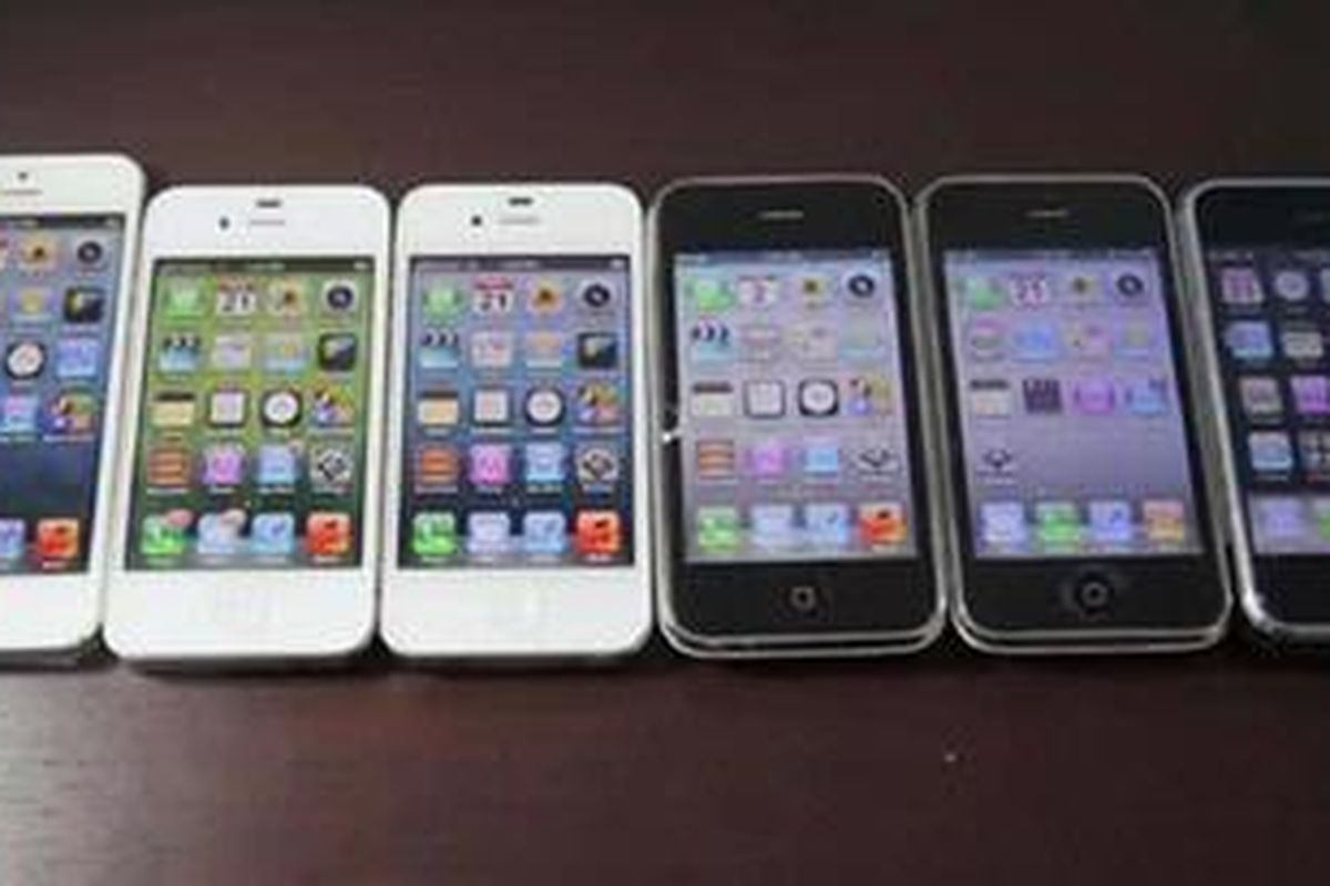 Dari kiri ke kanan: iPhone 5, iPhone 4s, iPhone 4, iPhone 3Gs, iPhone 3G, iPhone generasi pertama