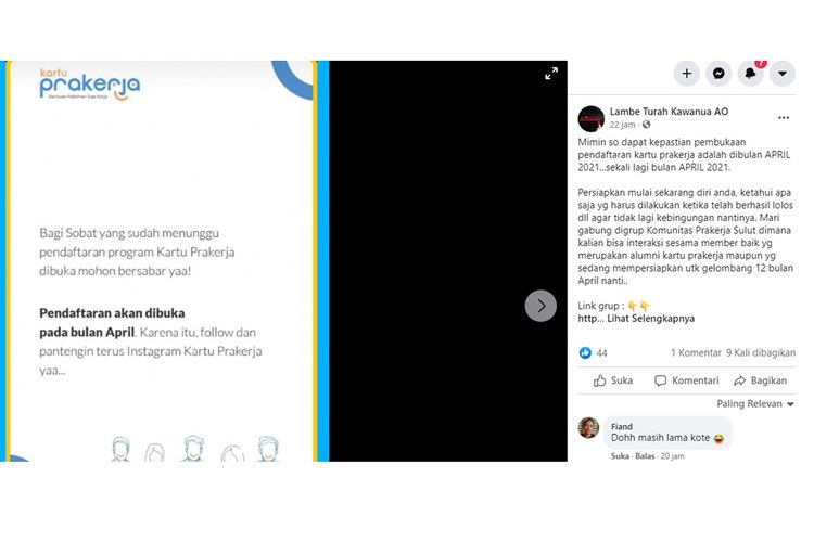 Tangkapan layar unggahan dengan narasi yang menyebutkan gelombang 12 Kartu Prakerja akan dibuka pada April 2021.