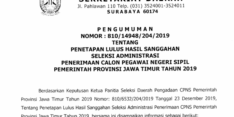 Hasil Sanggah Cpns 2019 Pemprov Jatim Diumumkan Cek