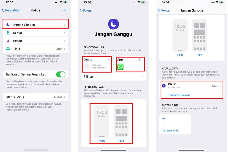 Ilustrasi cara mengaktifkan mode jangan ganggu di iPhone via opsi Focus pada menu pengaturan perangkat.