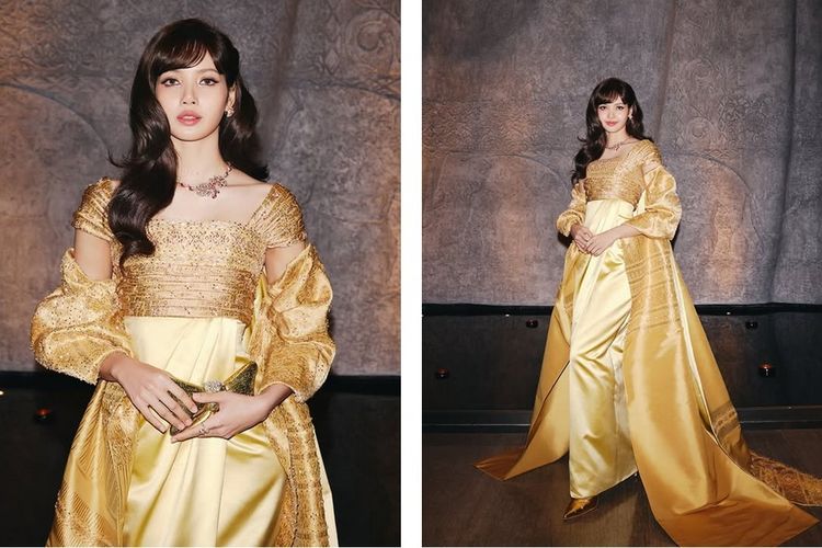 Tangkapan layar akun Instagram Lisa BLACKPINK @lalalalisa_m. Penampilan Lisa dalam Balmain haute couture menjadi penghormatan simbolis bagi Ratu Sirikit dan identitas budaya Thailand.