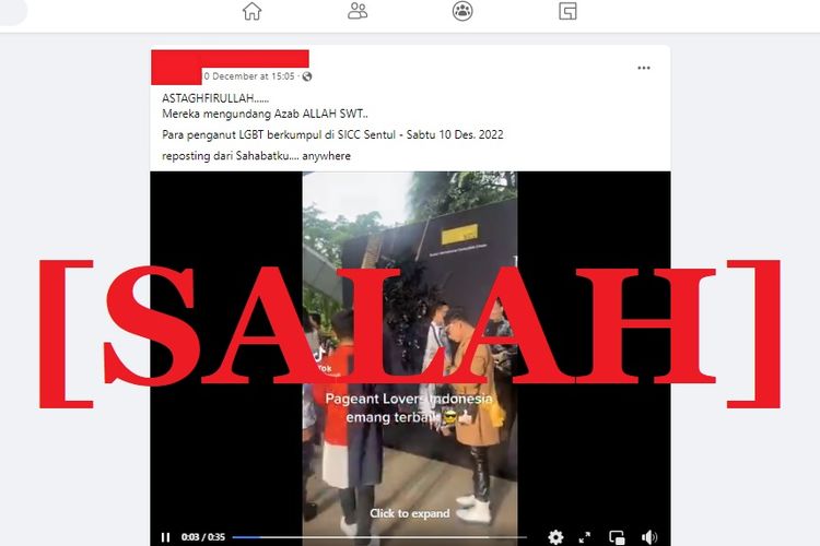 Tangkapan layar Facebook narasi yang menyebut bahwa di Sentul, Bogor terdapat acara LGBT