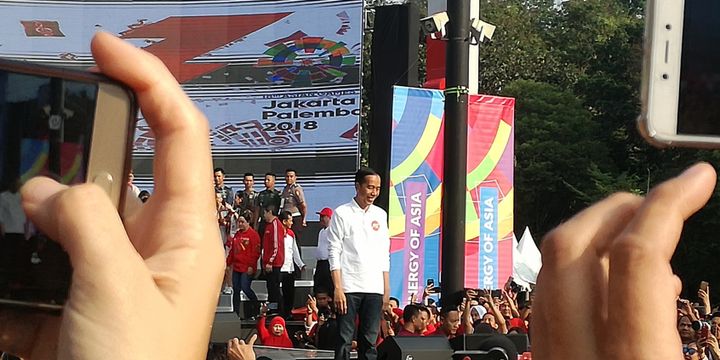 Presiden Joko Widodo di acara Harmoni Indonesia 2018, Gelora Bung Karno, Jakarta, Minggu (5/8/2018)