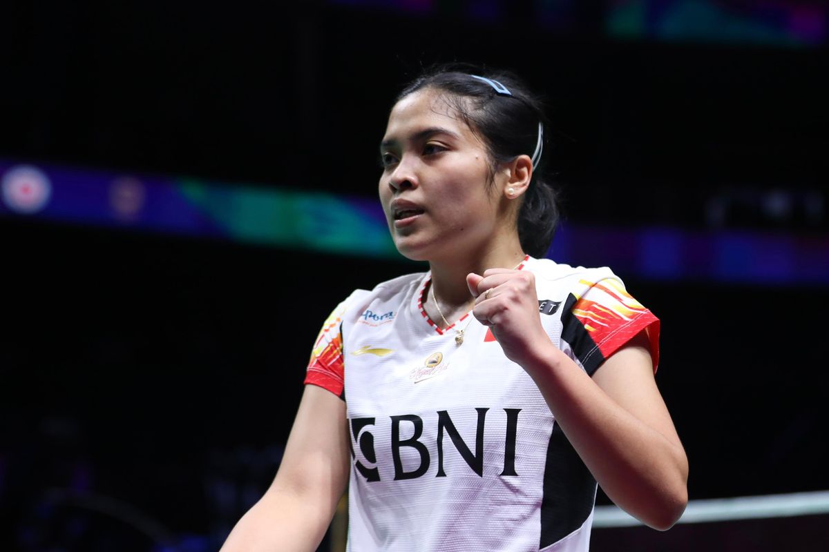 Ekspresi Gregoria Mariska Tunjung saat meraih poin dalam laga melawan Ratchanok Intanon (Thailand) pada perempat final Uber Cup 2024 di Hi Tech Zone Sports Centre Gymnasium, Chengdu, China, Jumat (3/5/2024). Artikel ini berisi hasil Piala Uber 2024.