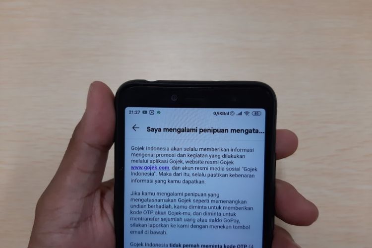 Tangkapan layar layanan bantuan terkait penipuan yang mengatasnamakan Gojek Indonesia dalam aplikasi Gojek.