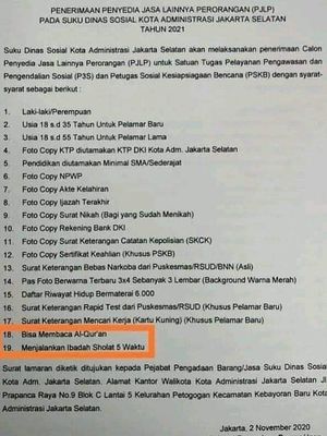 Hoaks Surat Penerimaan Penyedia Jasa Lainnya Perorangan (PJLP) pada Suku Dinas Sosial Kota Administrasi Jakarta Selatan tahun 2021. 