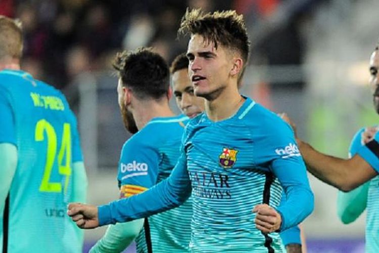 Gelandang Barcelona, Denis Suarez, tampak gembira seusai mencetak gol ke gawang Eibar pada lanjutan La Liga, Minggu (22/1/2017). 