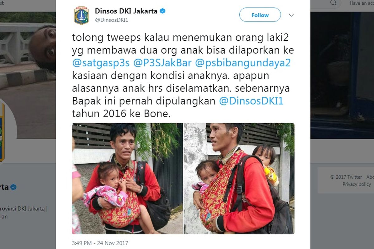 Dinas Sosial DKI Jakarta menulis di akun Twitter mengenai pria menggendong dua anak yang viral di media sosial.